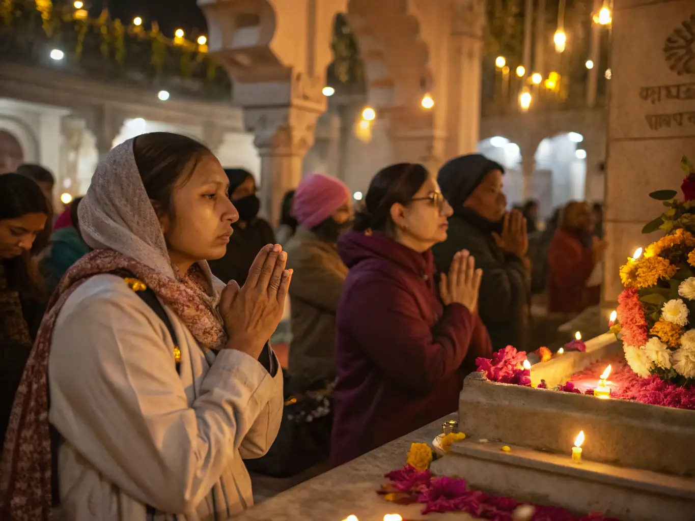 A serene image of devotees chanting during a Gayatri Mantra session, representing the weekly Gayatri Mantra Chanting activity.