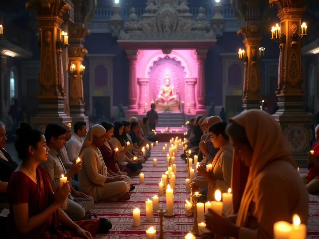 An image of devotees participating in a vibrant Sri Chakra Pooja with traditional lamps and mandala decorations, symbolizing the weekly Sri Chakra Pooja activity.